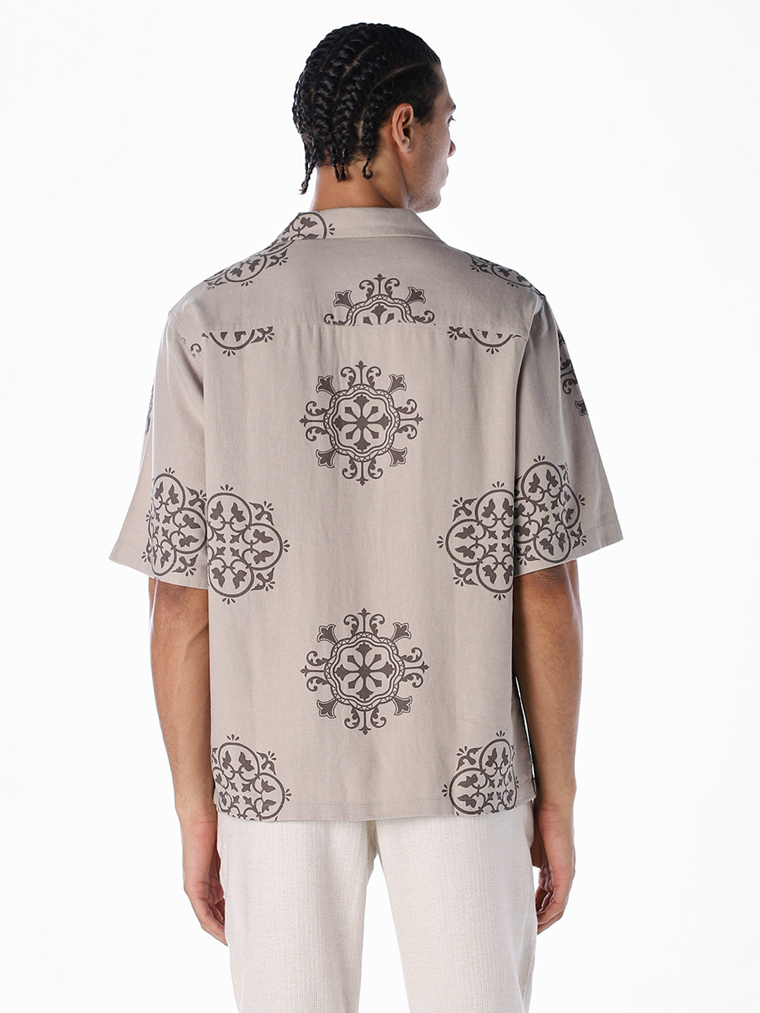 Linen Blend Printed Oversized Shirt - Light Brown