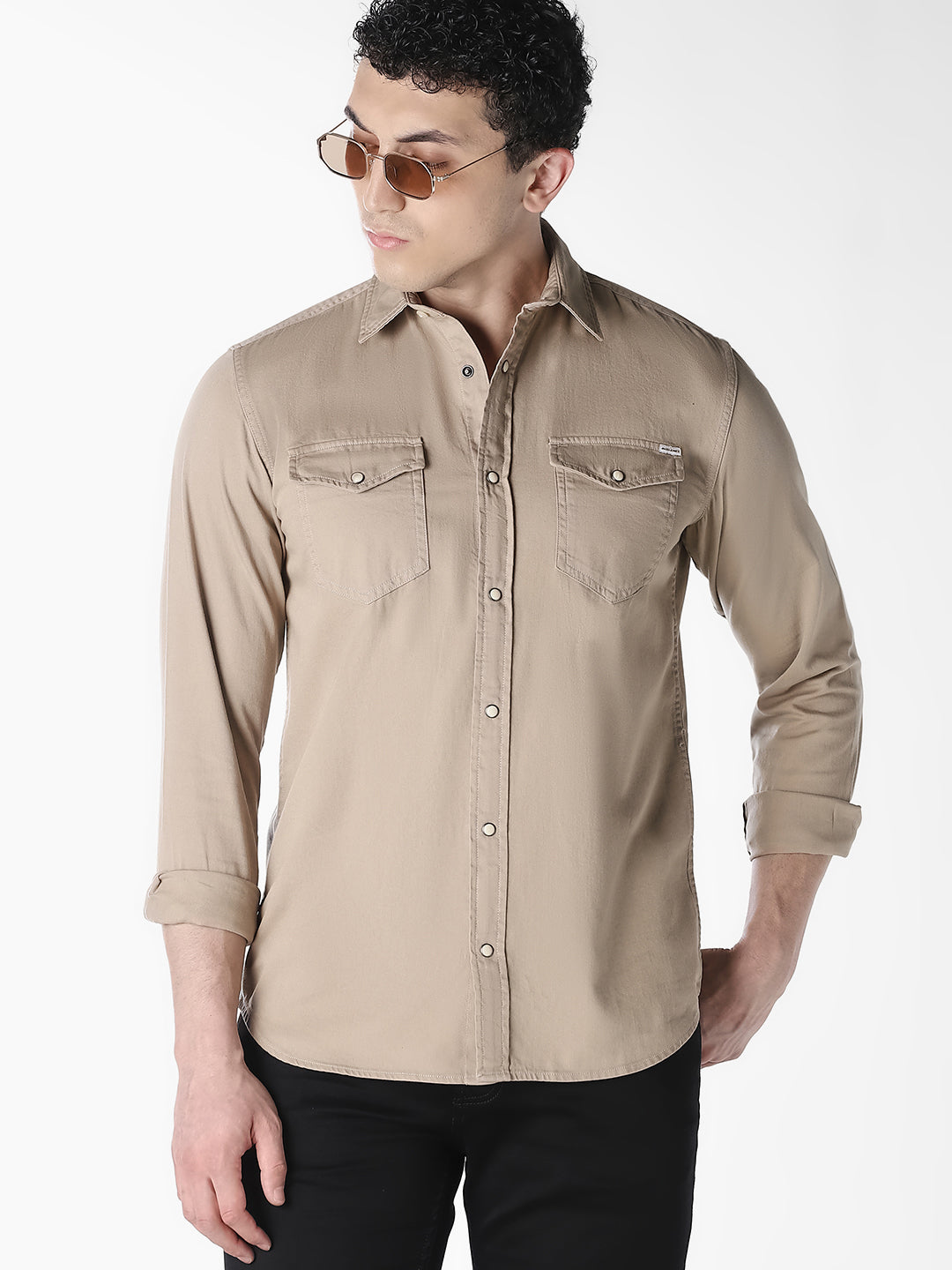 Men's Beige Organic Cotton Denim Shirt - Regular Fit