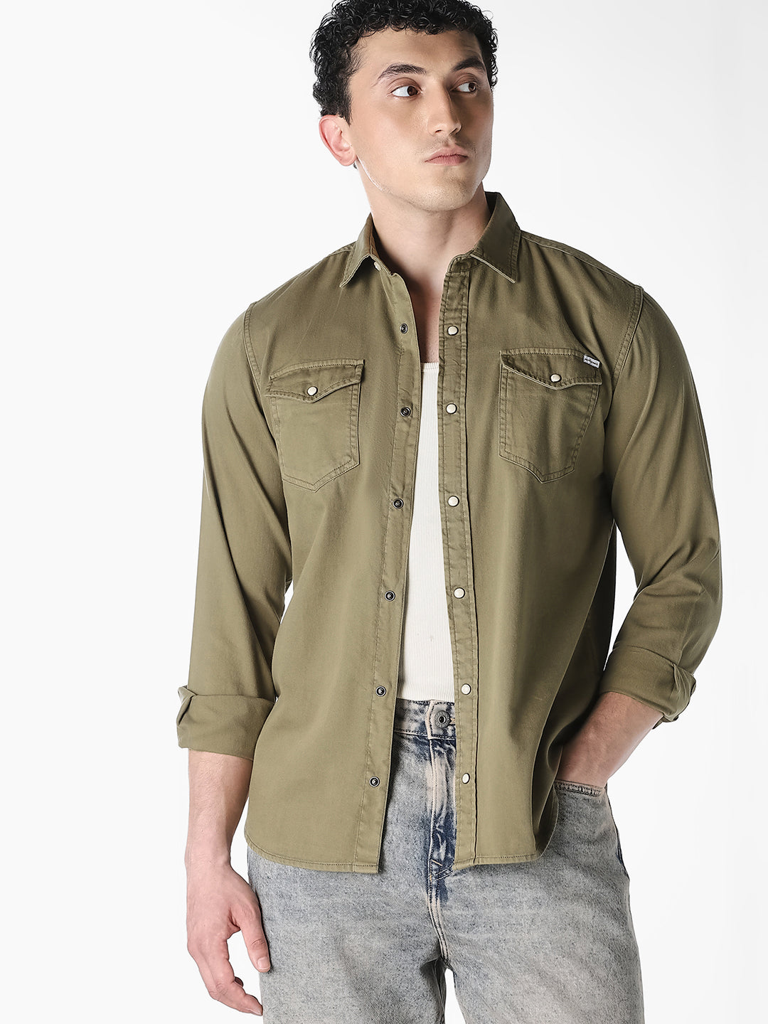 Men's Organic Cotton Denim Shirt In Forest Night With Flap Pockets