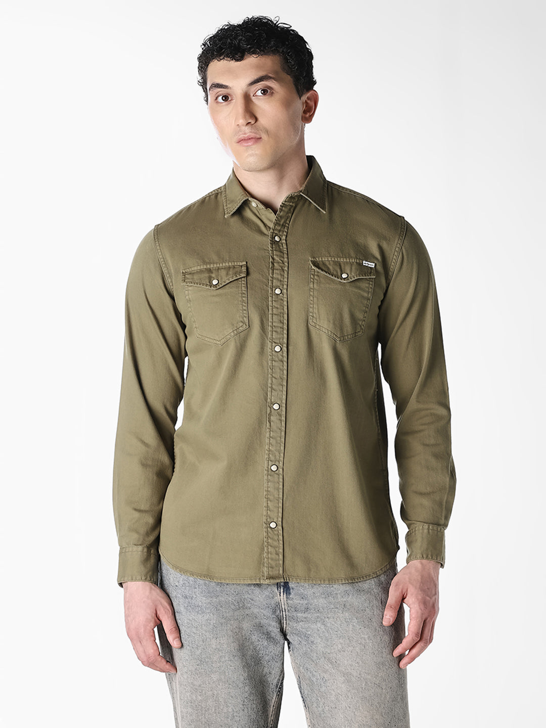 Men's Organic Cotton Denim Shirt In Forest Night With Flap Pockets