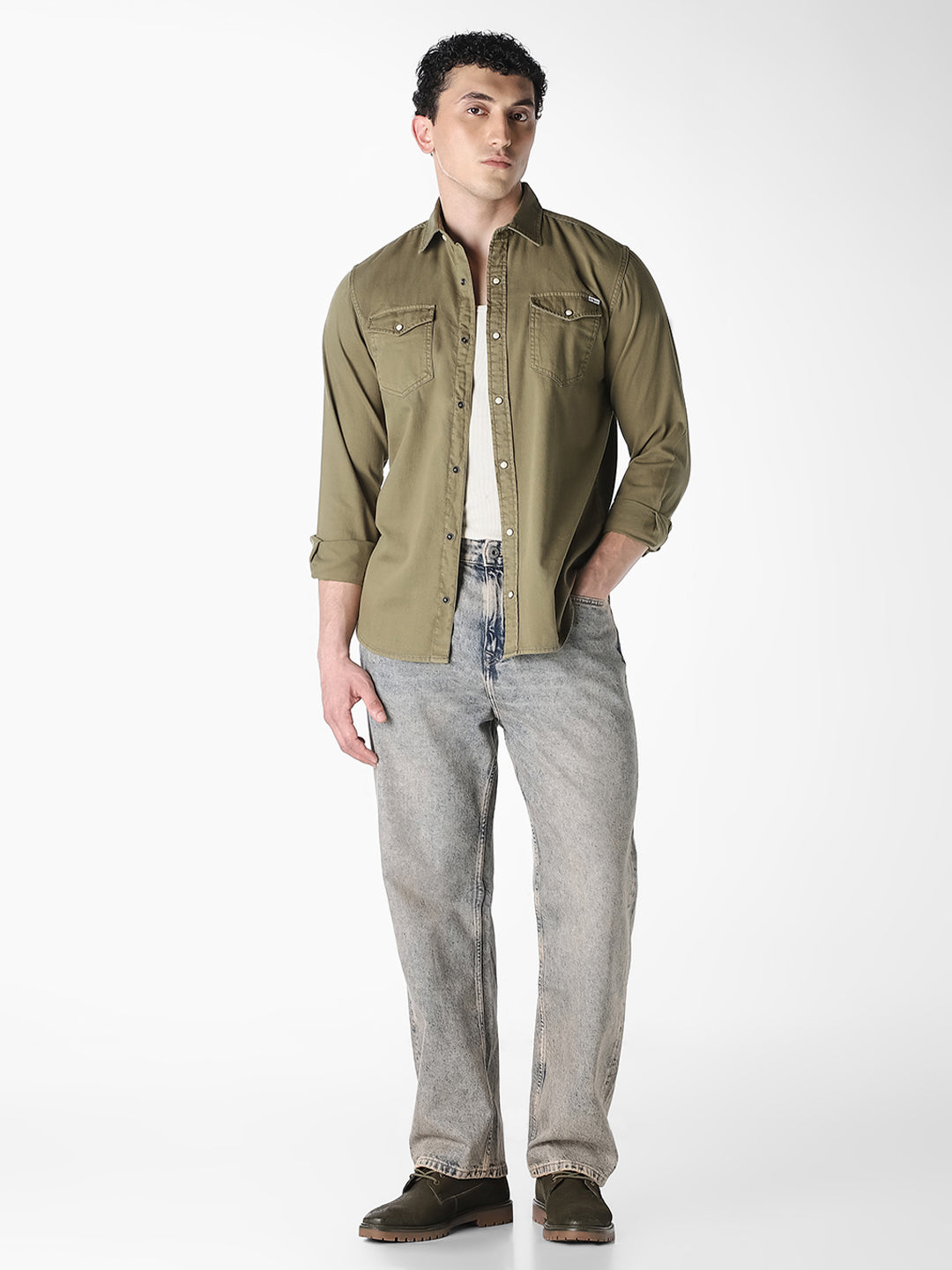 Men's Organic Cotton Denim Shirt In Forest Night With Flap Pockets
