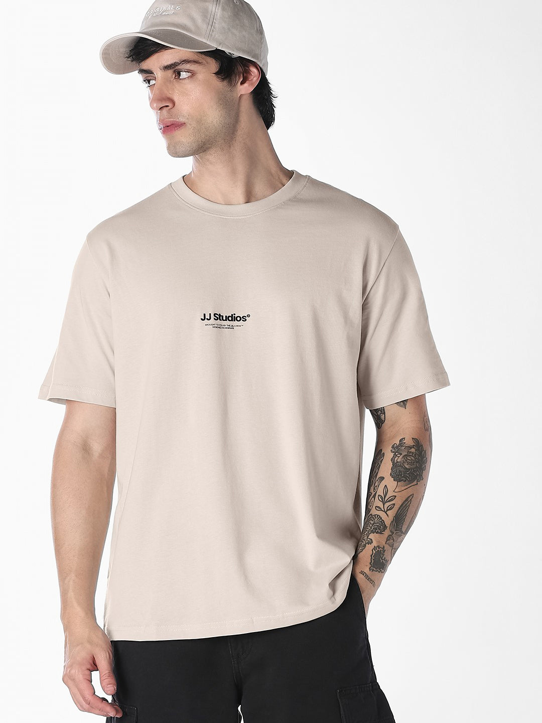 Men Organic Cotton Relaxed Fit Beige Crew Neck Printed T-Shirt