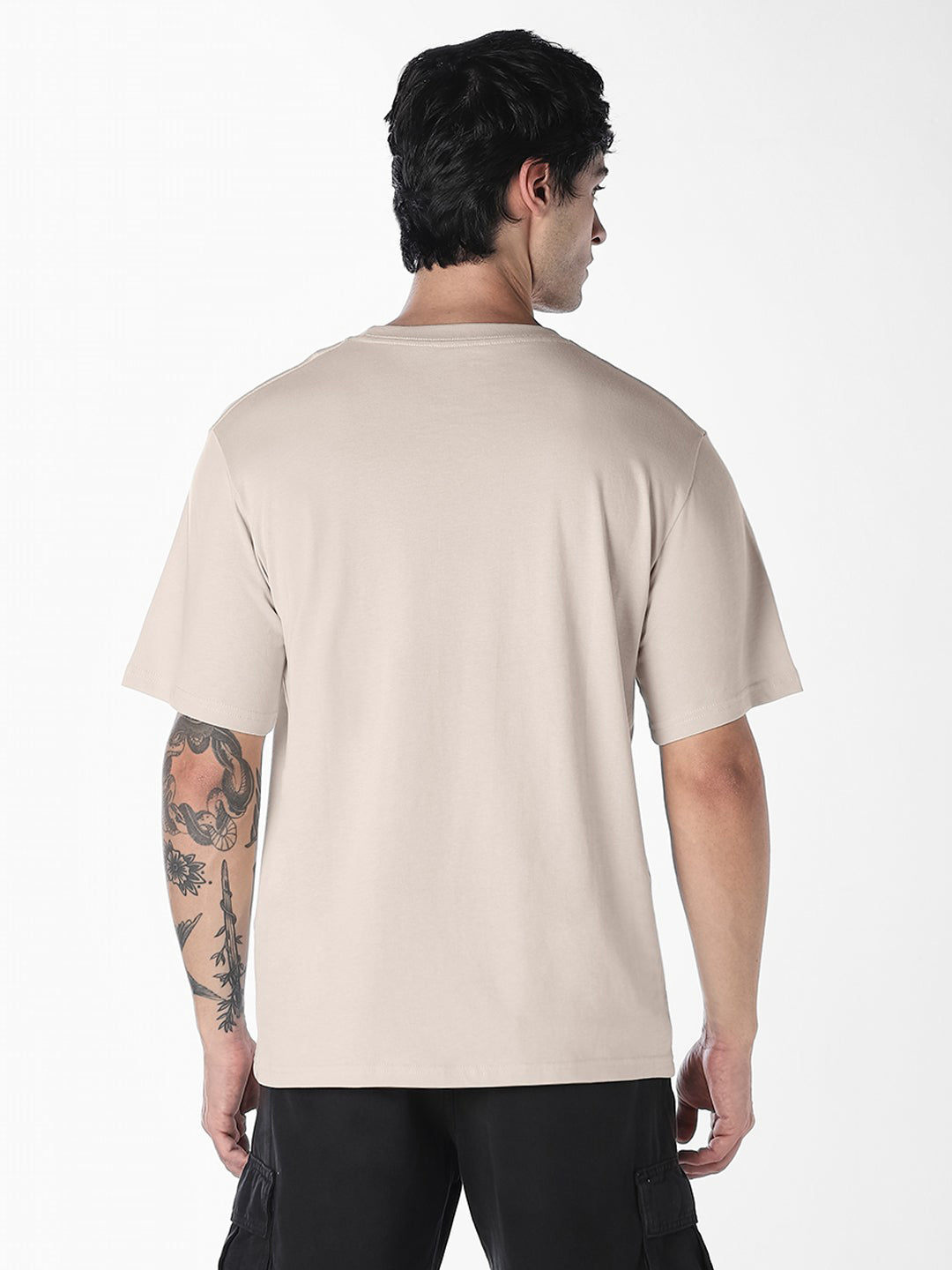 Men Organic Cotton Relaxed Fit Beige Crew Neck Printed T-Shirt