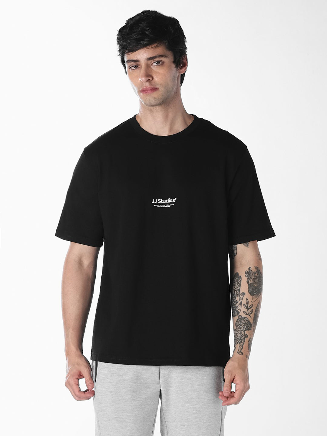 Men's Organic Cotton Relaxed Fit Black Crew Neck Printed T-Shirt