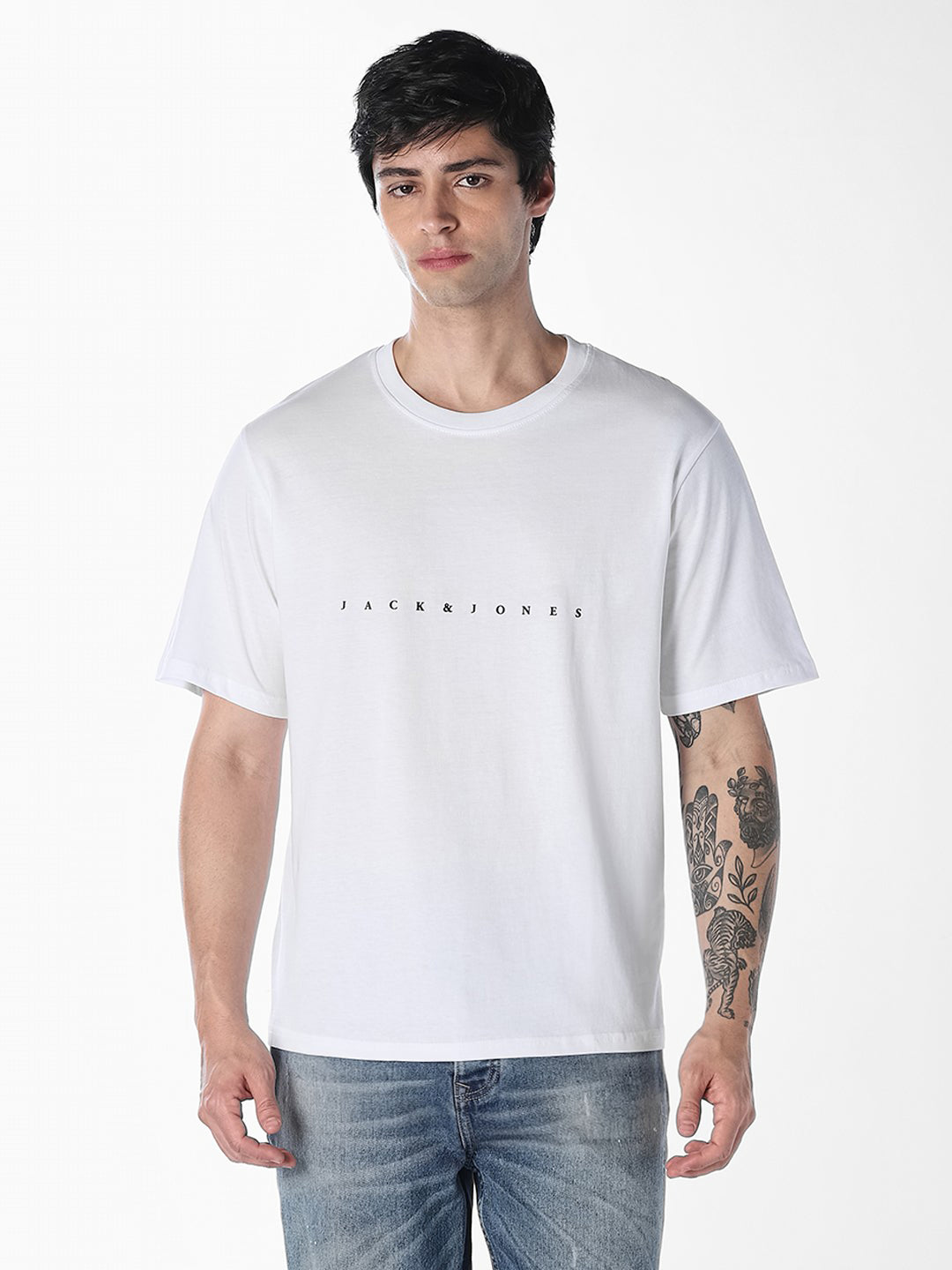 Men's White Cotton Boxy Fit Crew Neck Logo Print T-Shirt