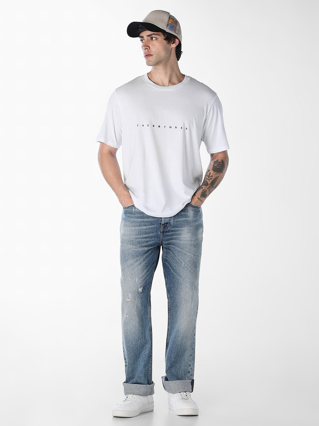 Men's White Cotton Boxy Fit Crew Neck Logo Print T-Shirt