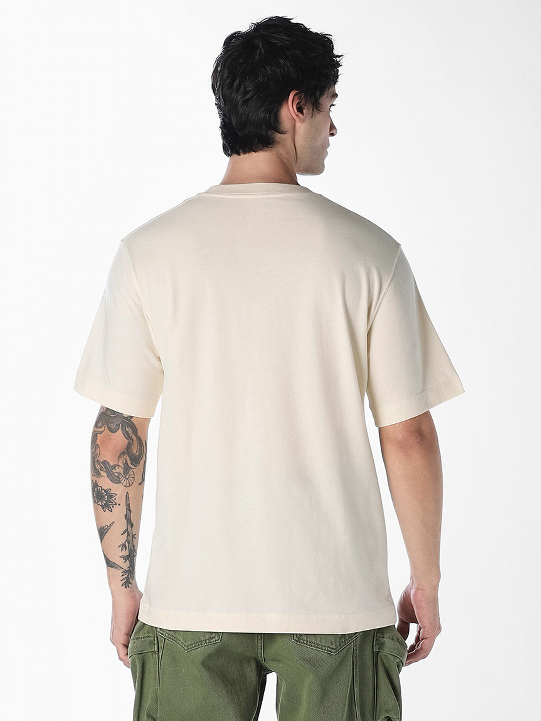 Men's Off White Relaxed Fit Crew Neck Embroidered T-Shirt