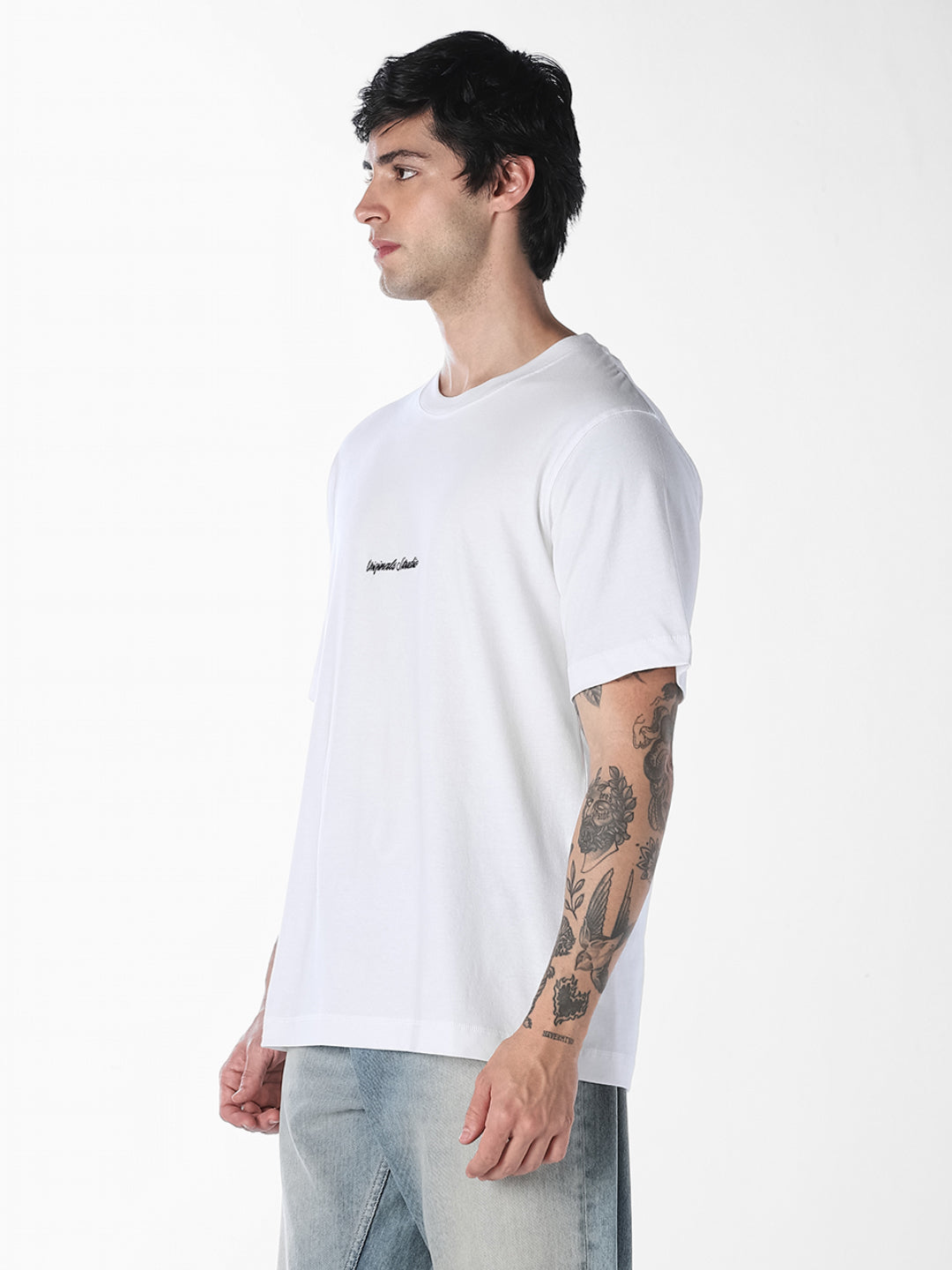 Men's White Relaxed Fit Crew Neck Embroidered T-Shirt