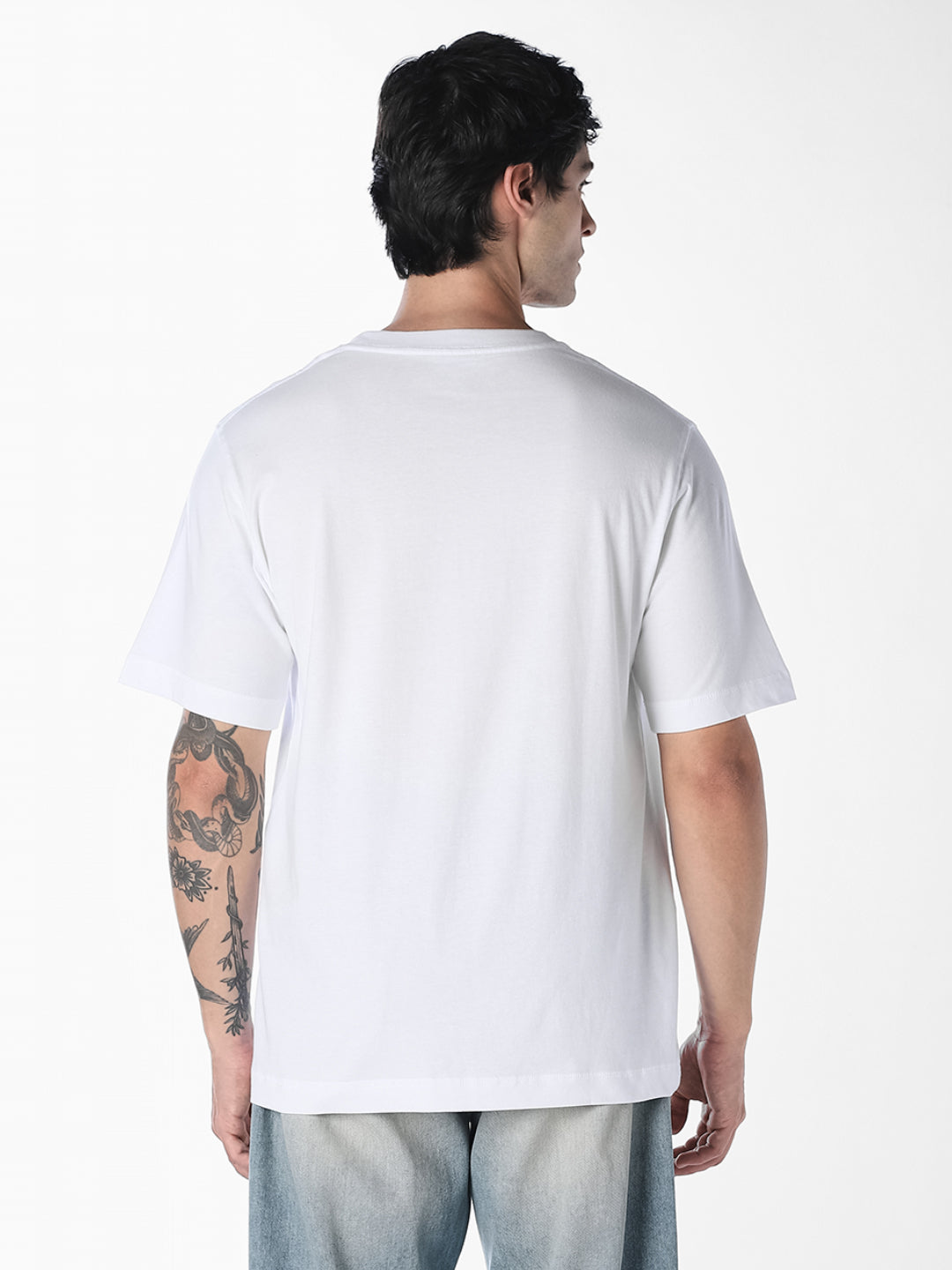 Men's White Relaxed Fit Crew Neck Embroidered T-Shirt