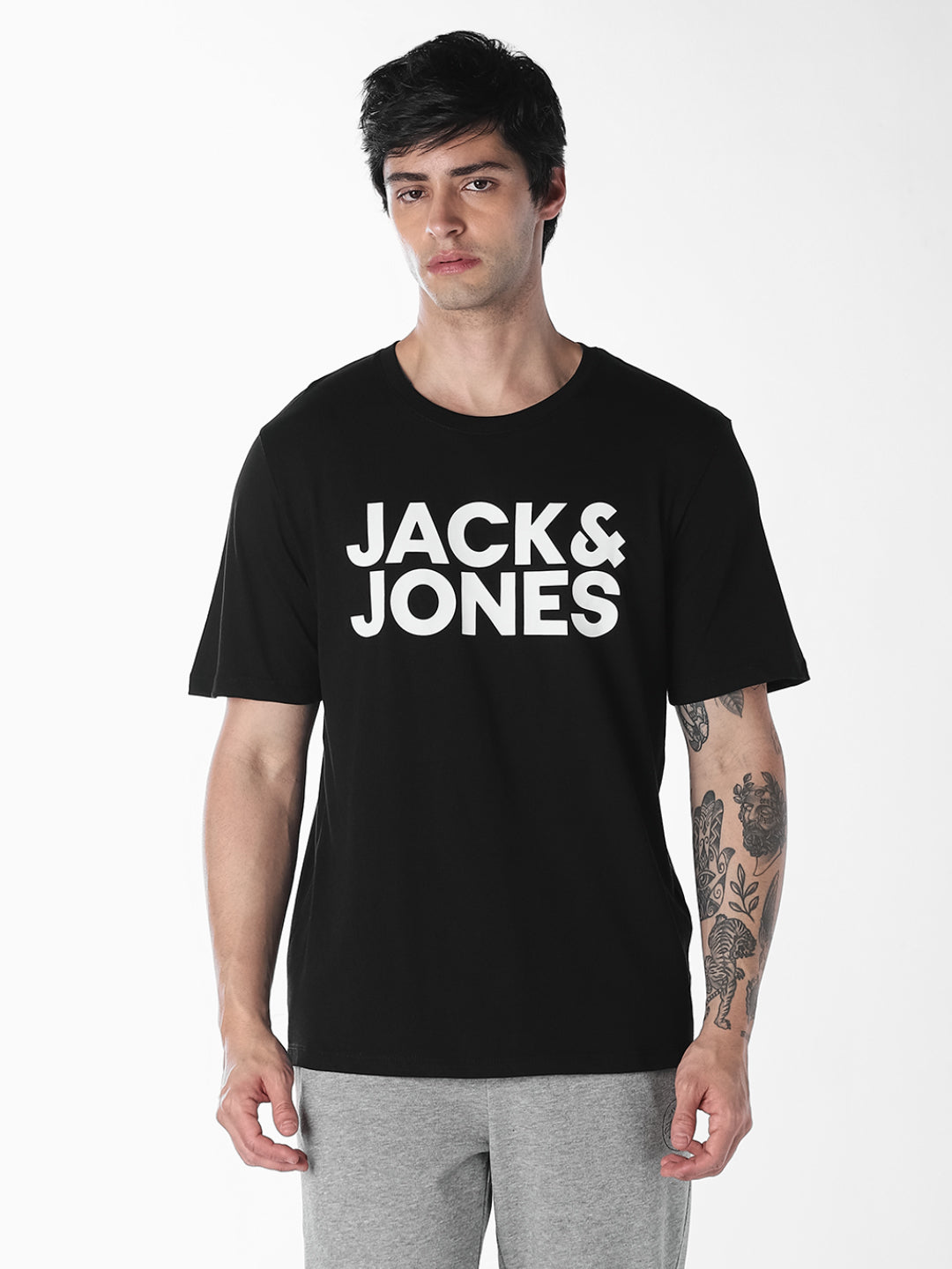 Men Organic Cotton Slim Fit Crew Neck Logo Print T-Shirt - Black