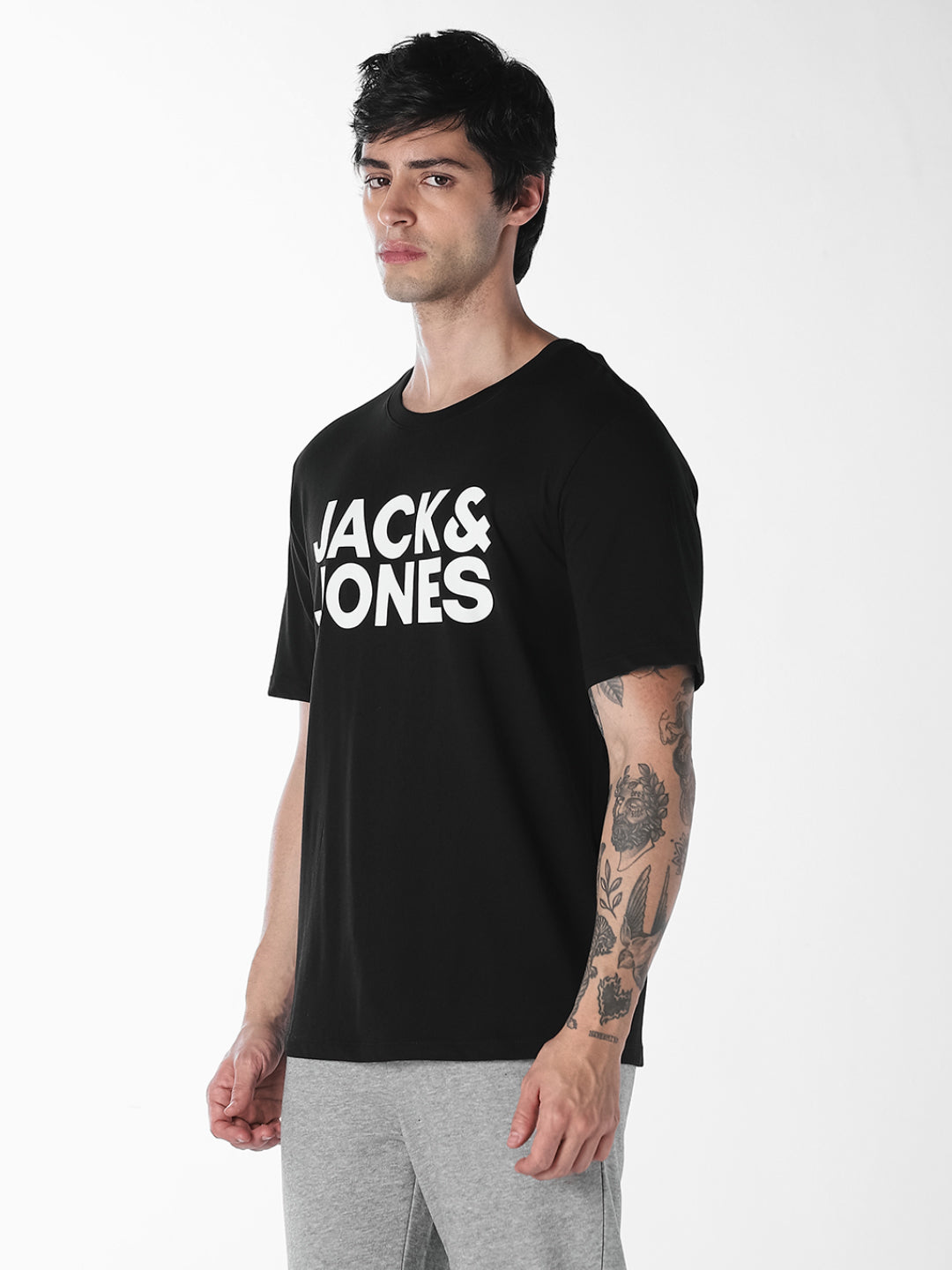 Men Organic Cotton Slim Fit Crew Neck Logo Print T-Shirt - Black