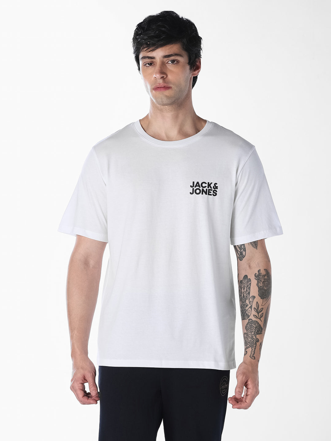 Men Organic Cotton Slim Fit White Crew Neck Logo Print T-Shirt