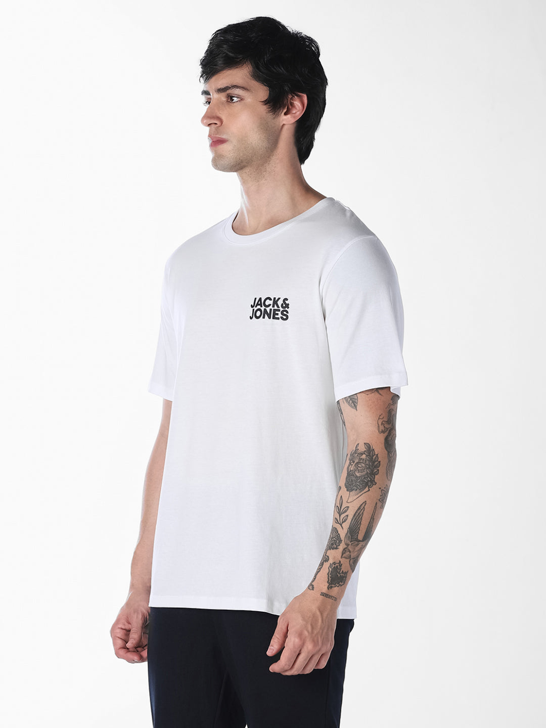 Men Organic Cotton Slim Fit White Crew Neck Logo Print T-Shirt