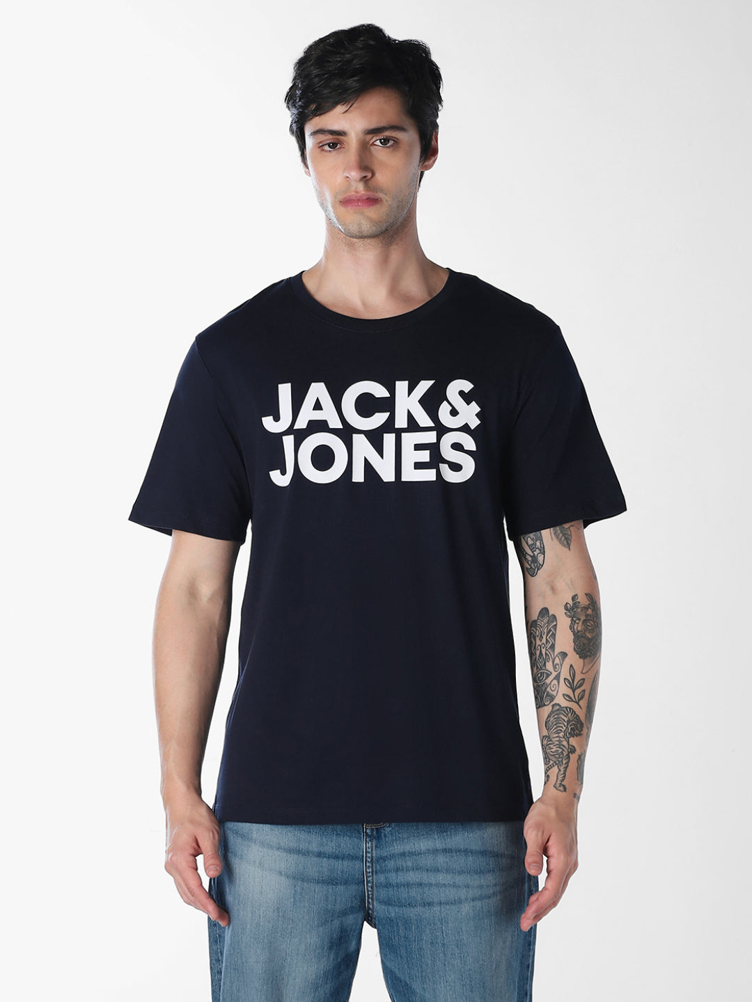 Men's Navy Blue Organic Cotton Slim Fit Logo Print Crew Neck T-Shirt