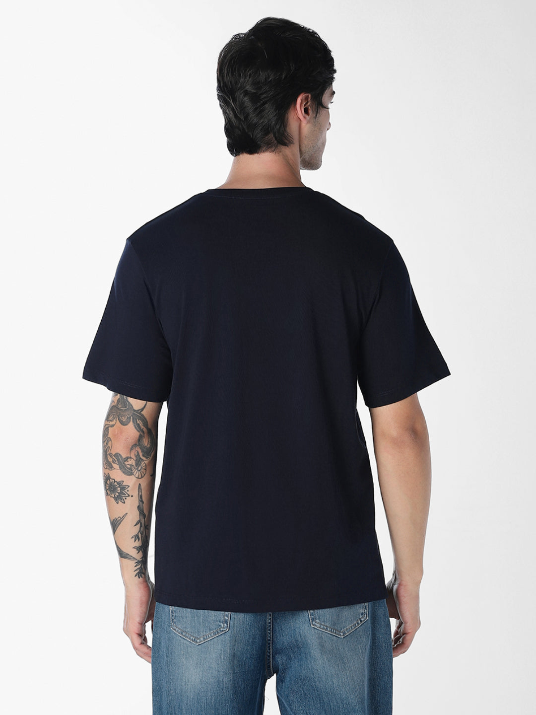 Men's Navy Blue Organic Cotton Slim Fit Logo Print Crew Neck T-Shirt