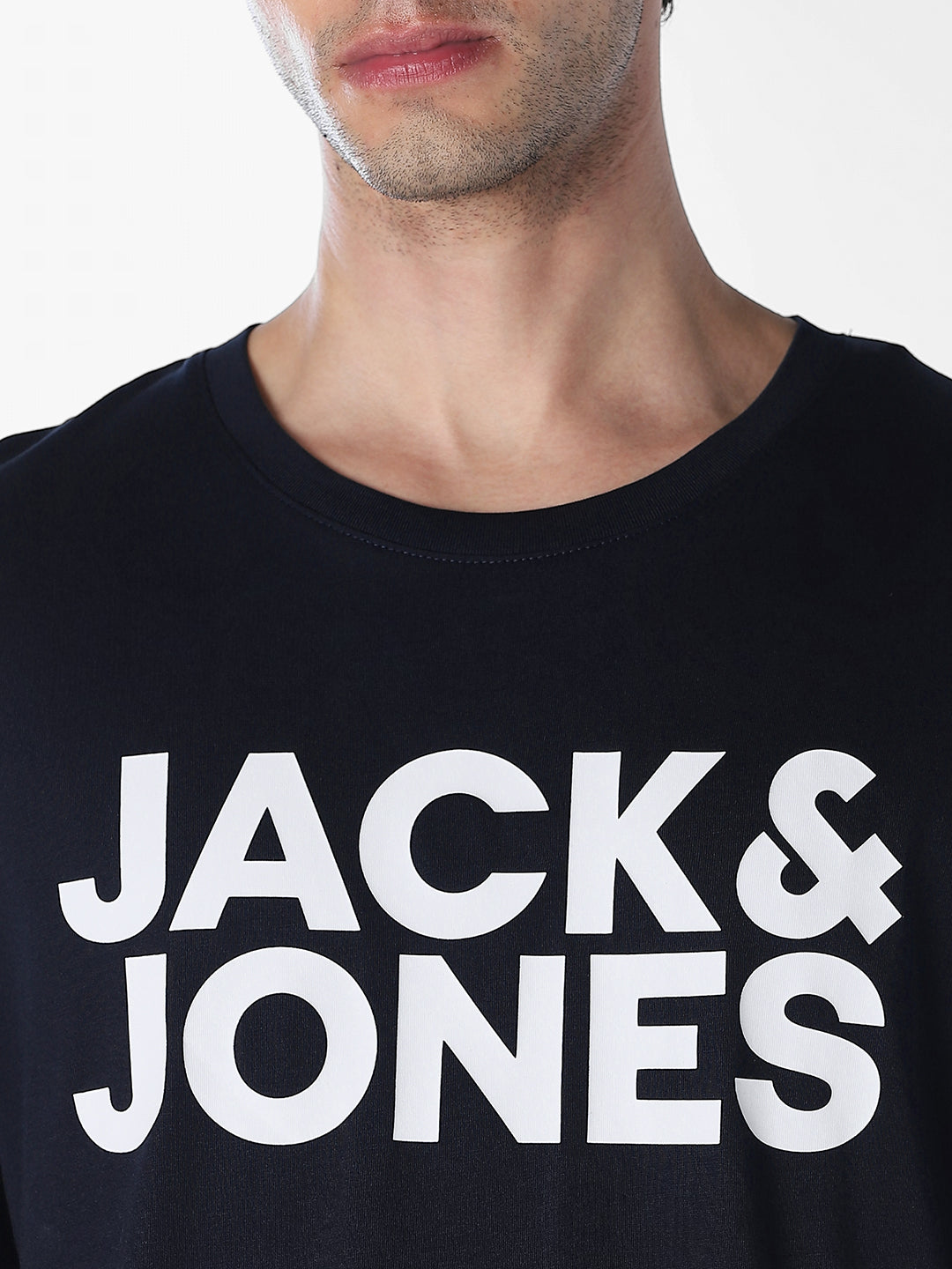 Men's Navy Blue Organic Cotton Slim Fit Logo Print Crew Neck T-Shirt