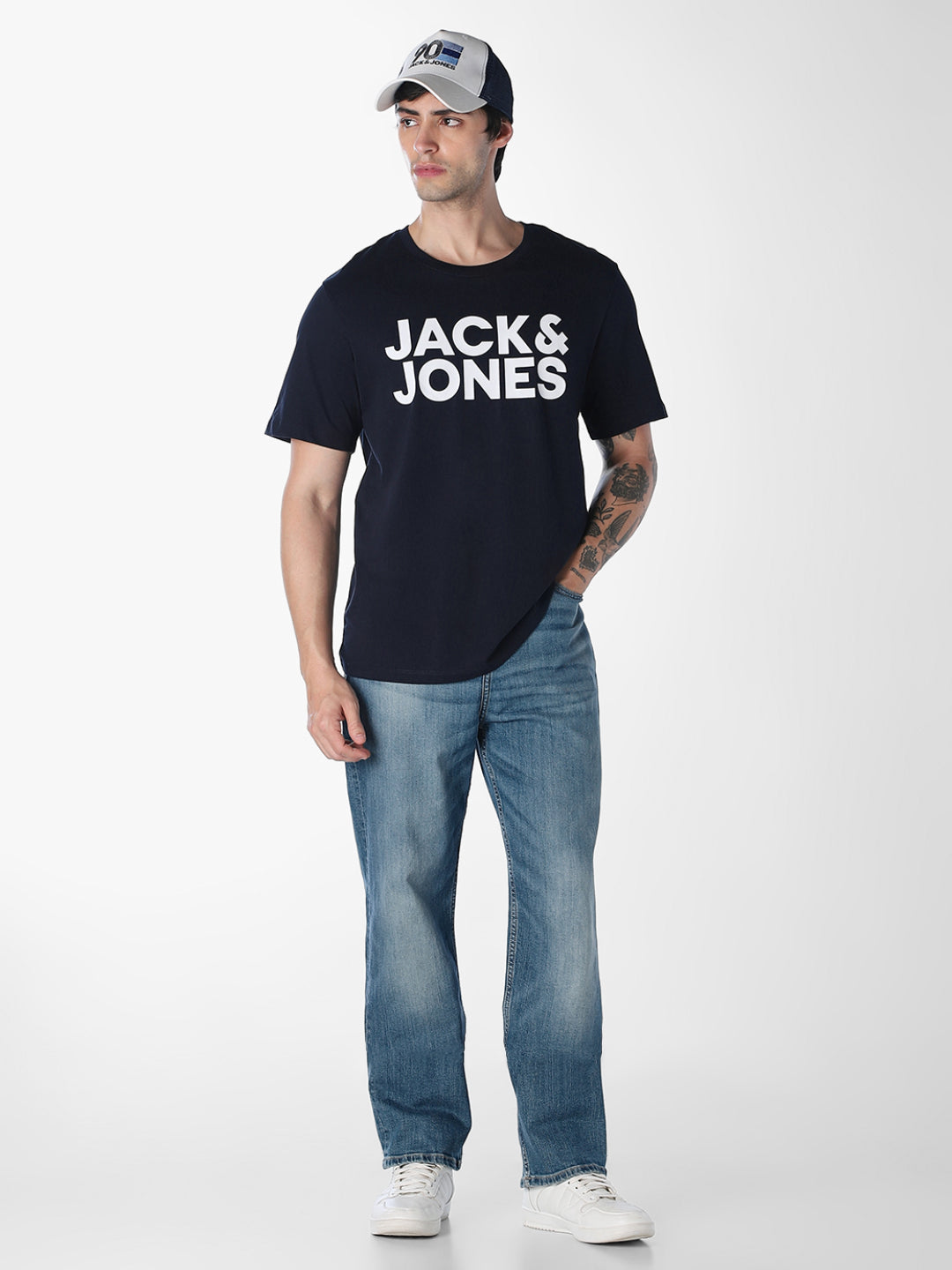 Men's Navy Blue Organic Cotton Slim Fit Logo Print Crew Neck T-Shirt