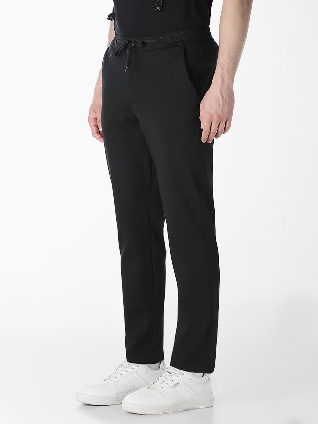 Men's Black Cotton-Blend Regular Fit Chino Joggers With Drawstring