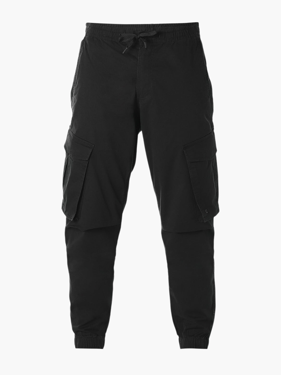 Men Solid Black Slim Fit Cargos With Drawstring Waist