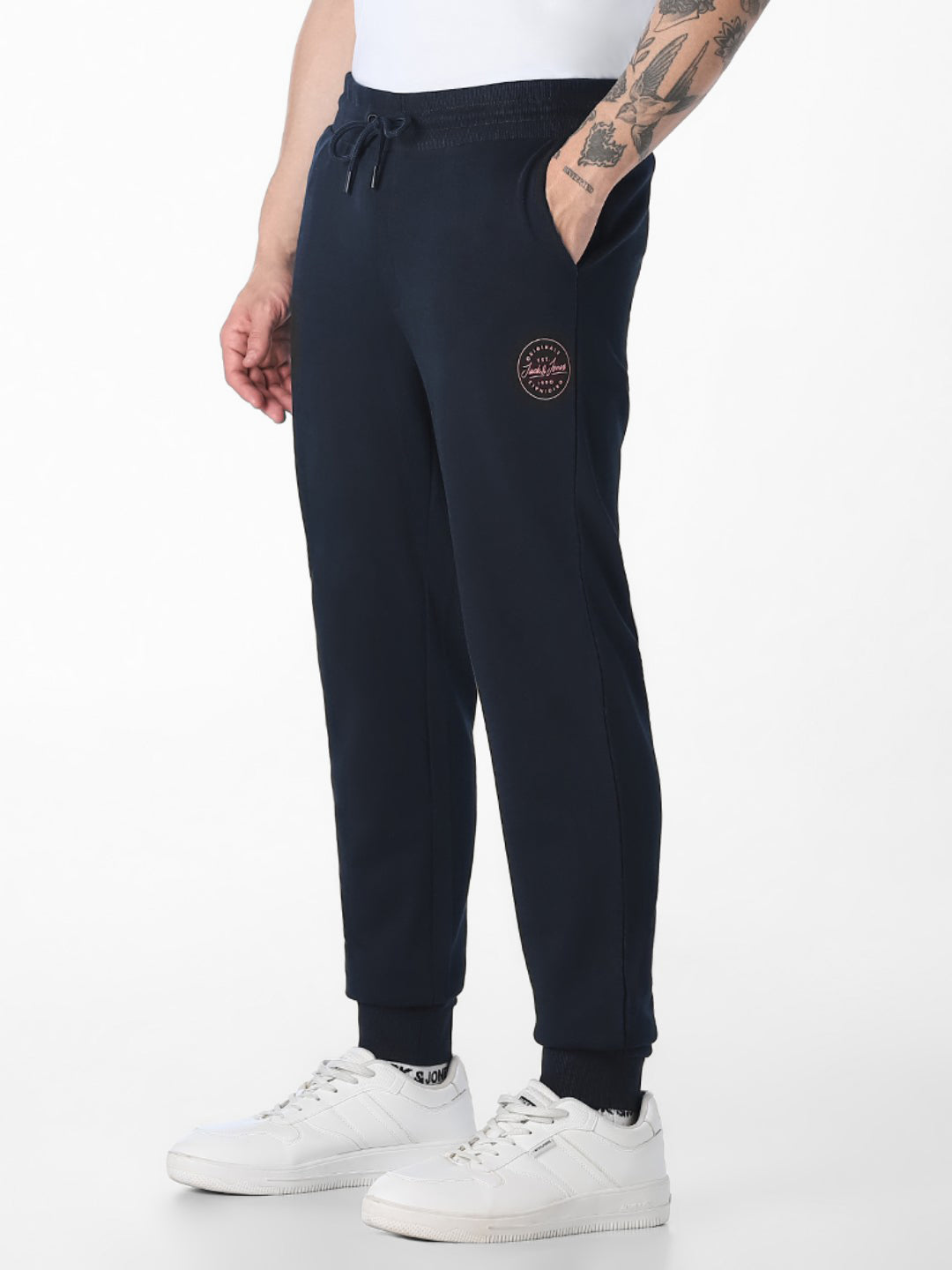 Men's Navy Blue Cotton Slim Fit Joggers With Drawstring Waist