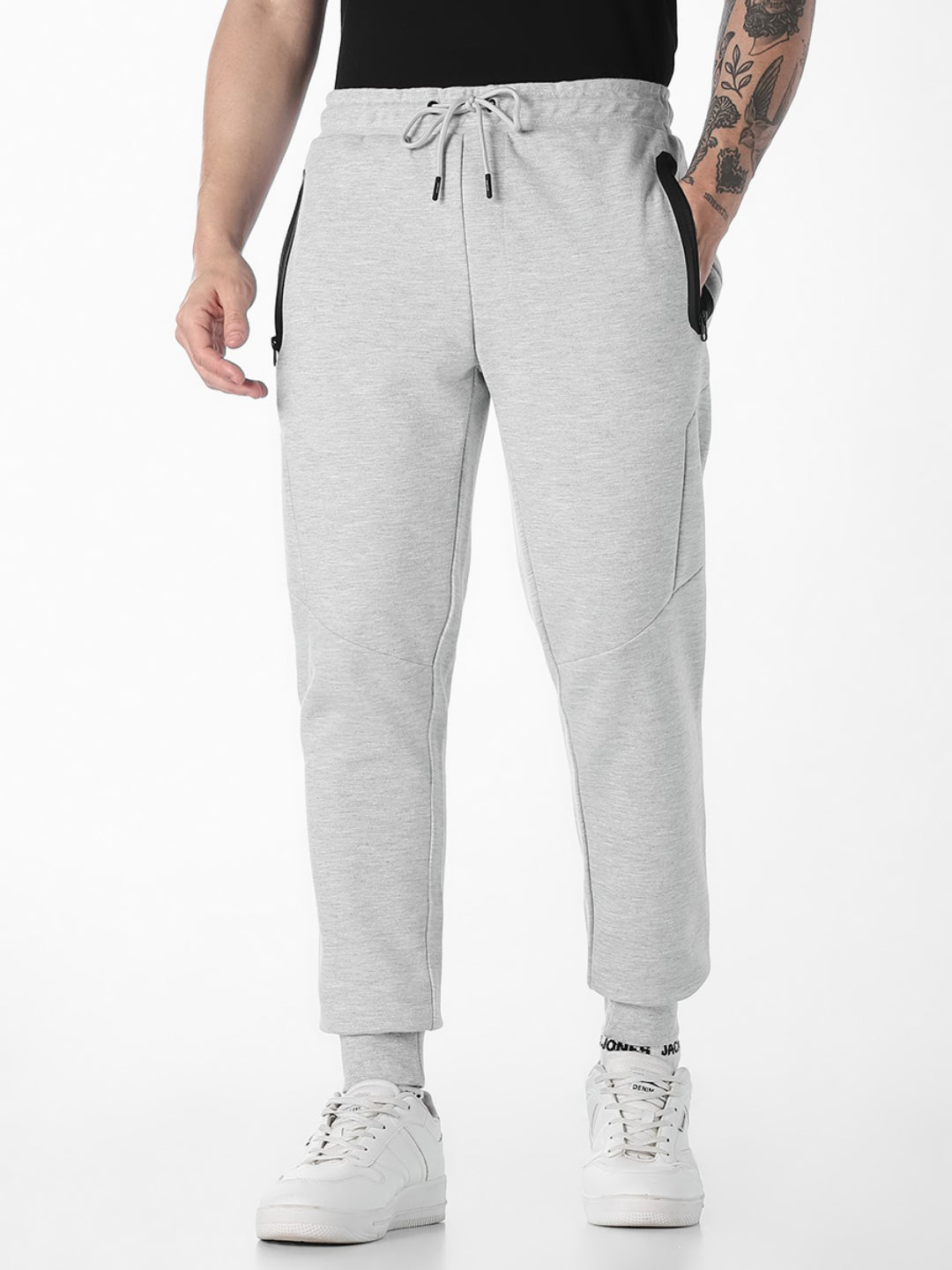 Men's Grey Melange Slim Fit Joggers With Zip Pockets
