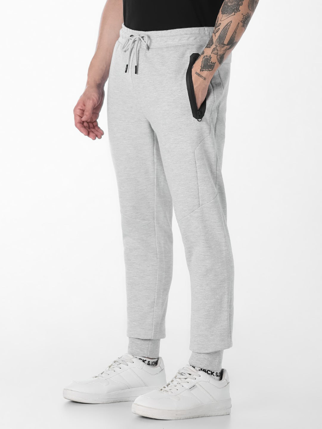 Men's Grey Melange Slim Fit Joggers With Zip Pockets