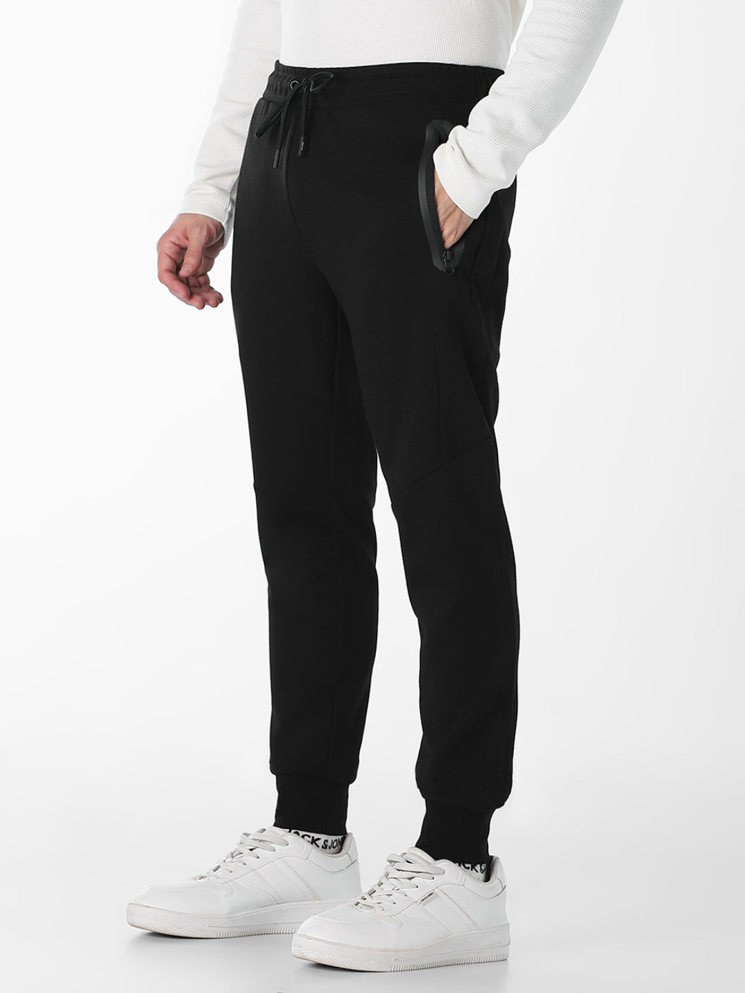 Men's Black Slim Fit Knit Joggers With Drawstring & Zip Pockets