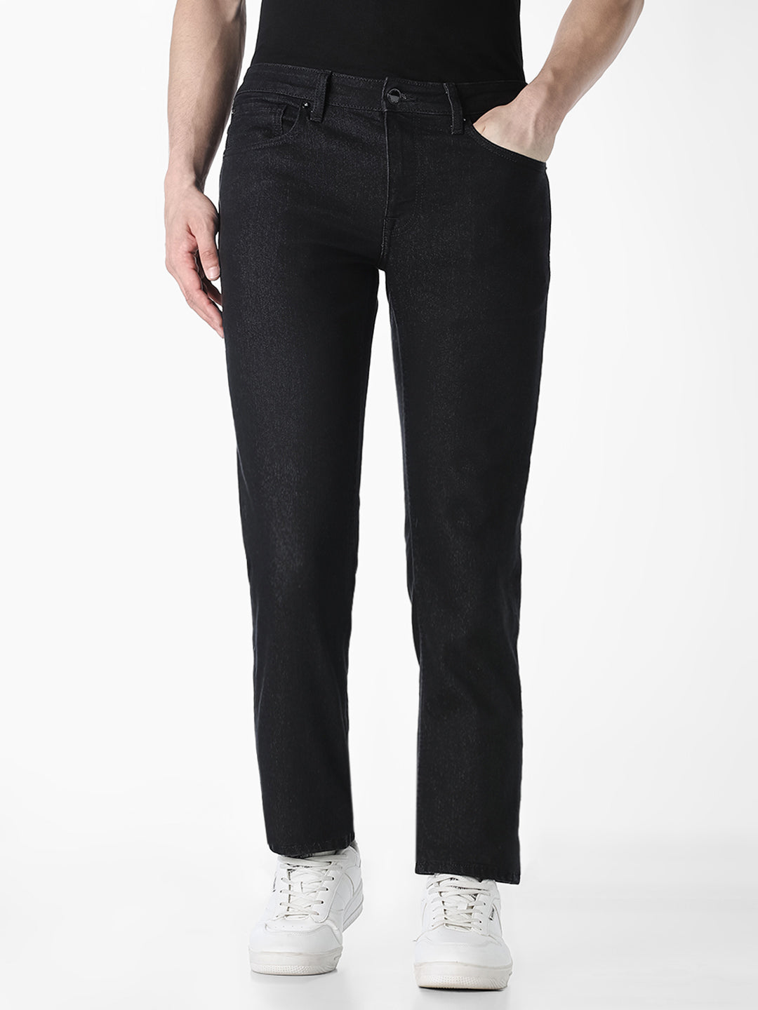 Men's Black Solid Straight Fit Mid-Rise Jeans