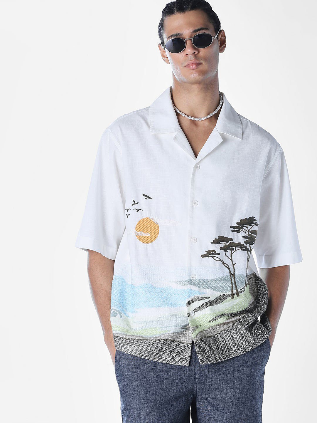 Landscape Print Embroidered Oversized Shirt