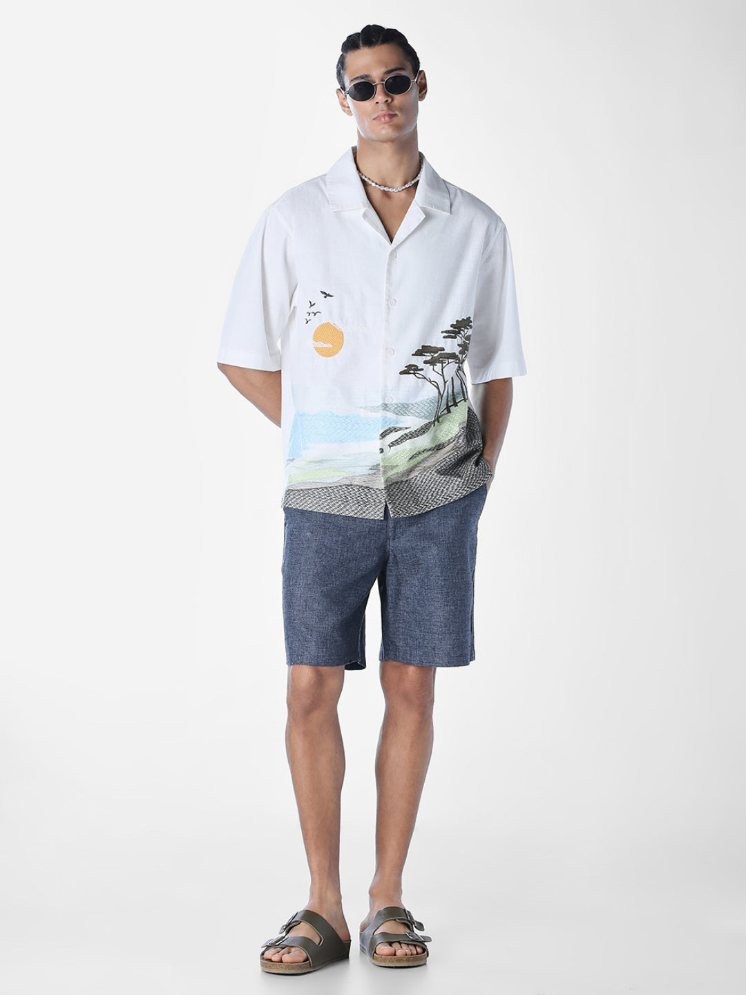 Landscape Print Embroidered Oversized Shirt
