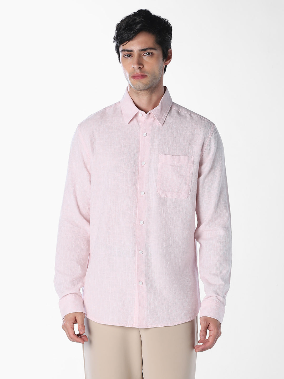 Textured Weave Full Sleeves Shirt - Light Pink