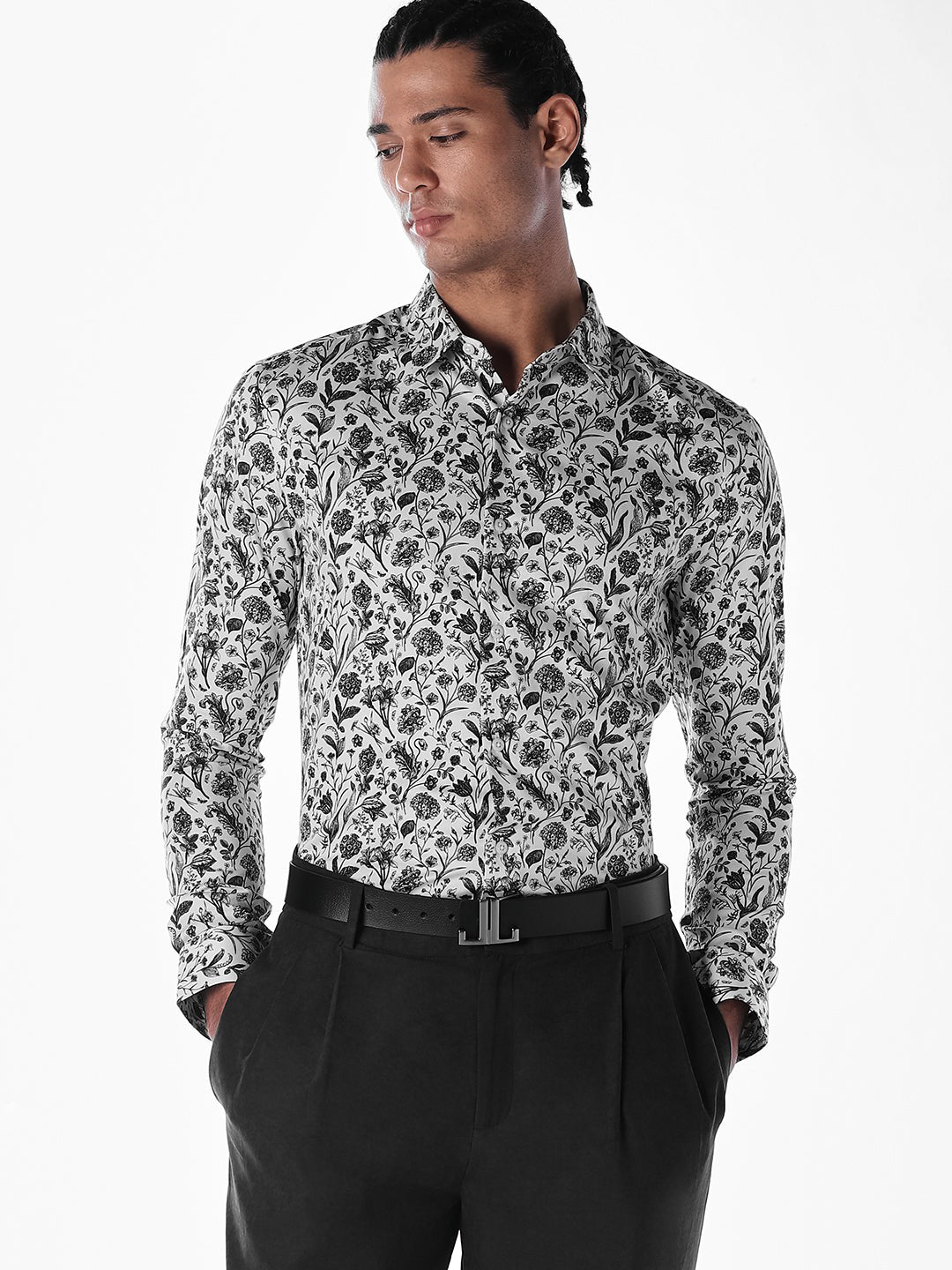 White Printed Cotton Slim Fit Shirt