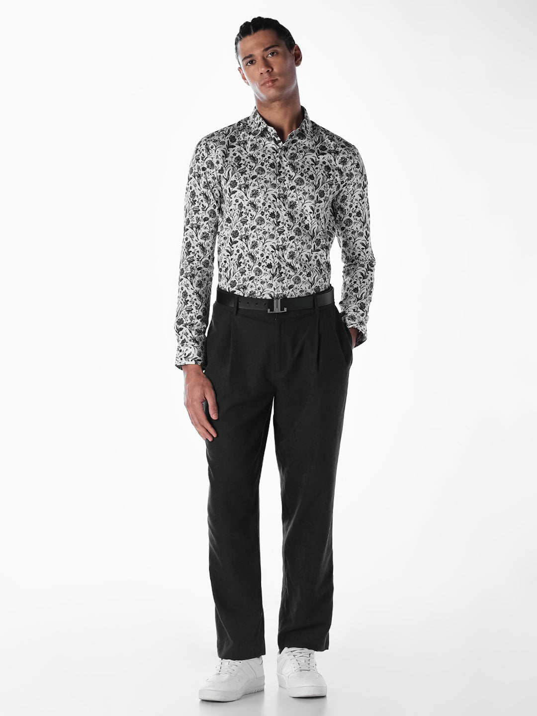 White Printed Cotton Slim Fit Shirt