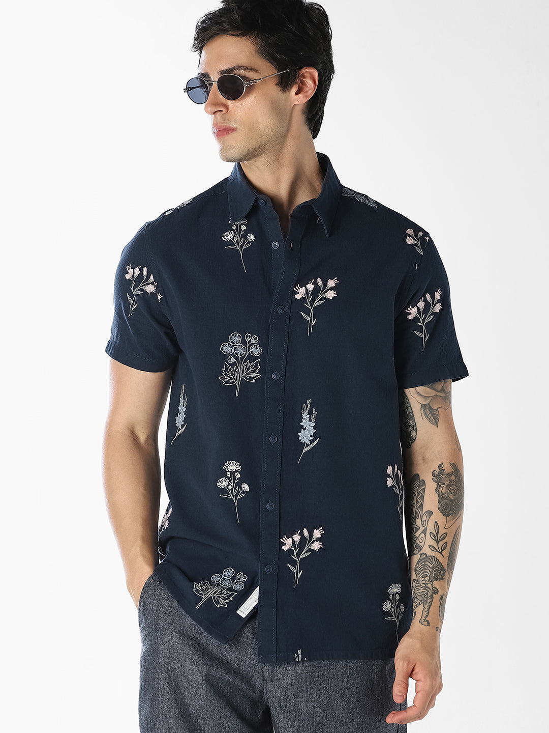Blue Embroidered Cotton Shirt