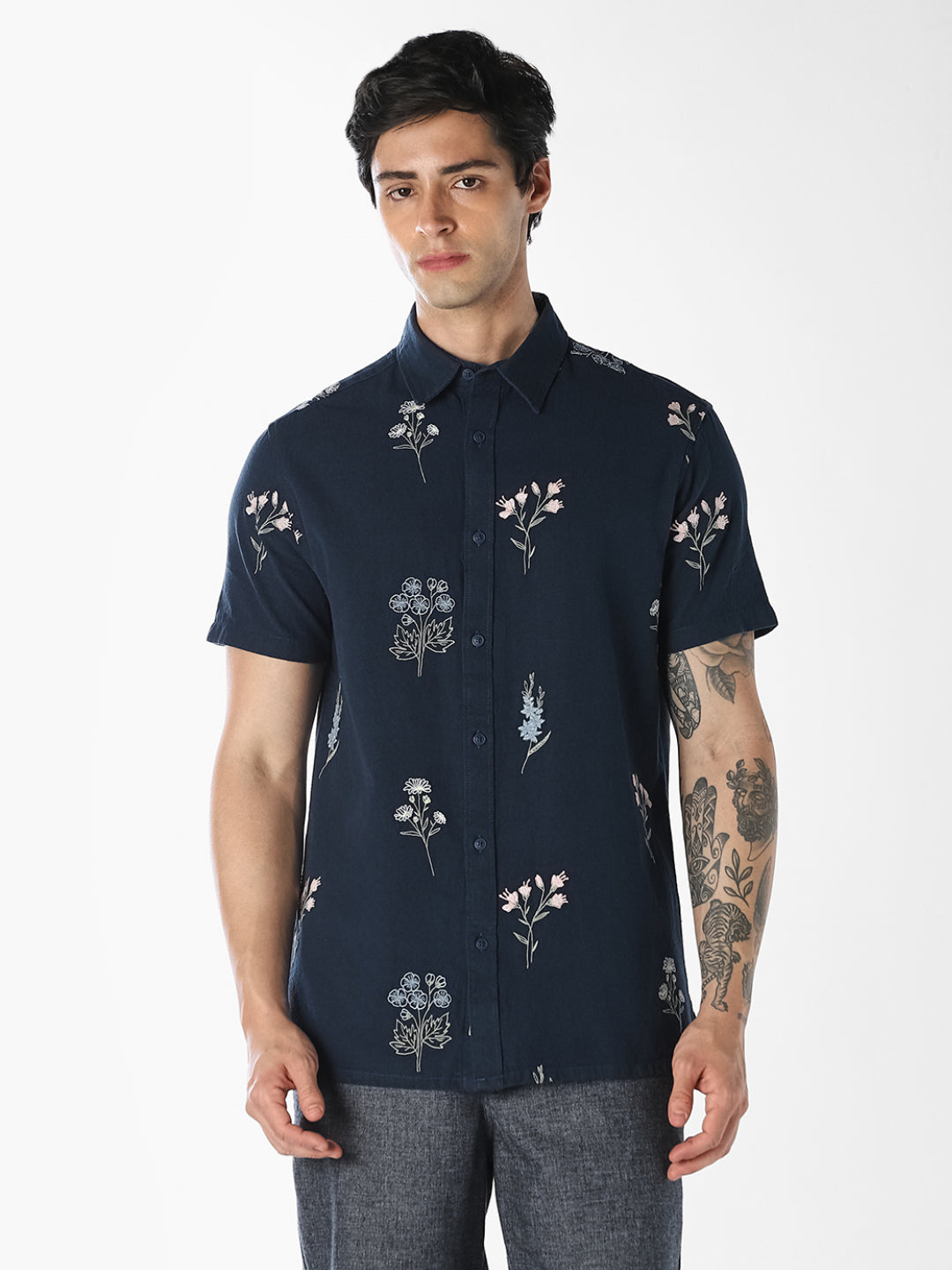 Blue Embroidered Cotton Shirt