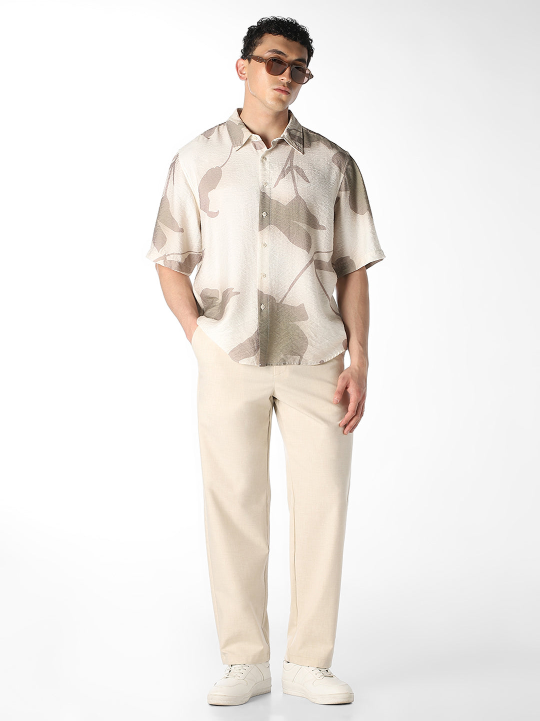 Beige Printed Oversized Shirt