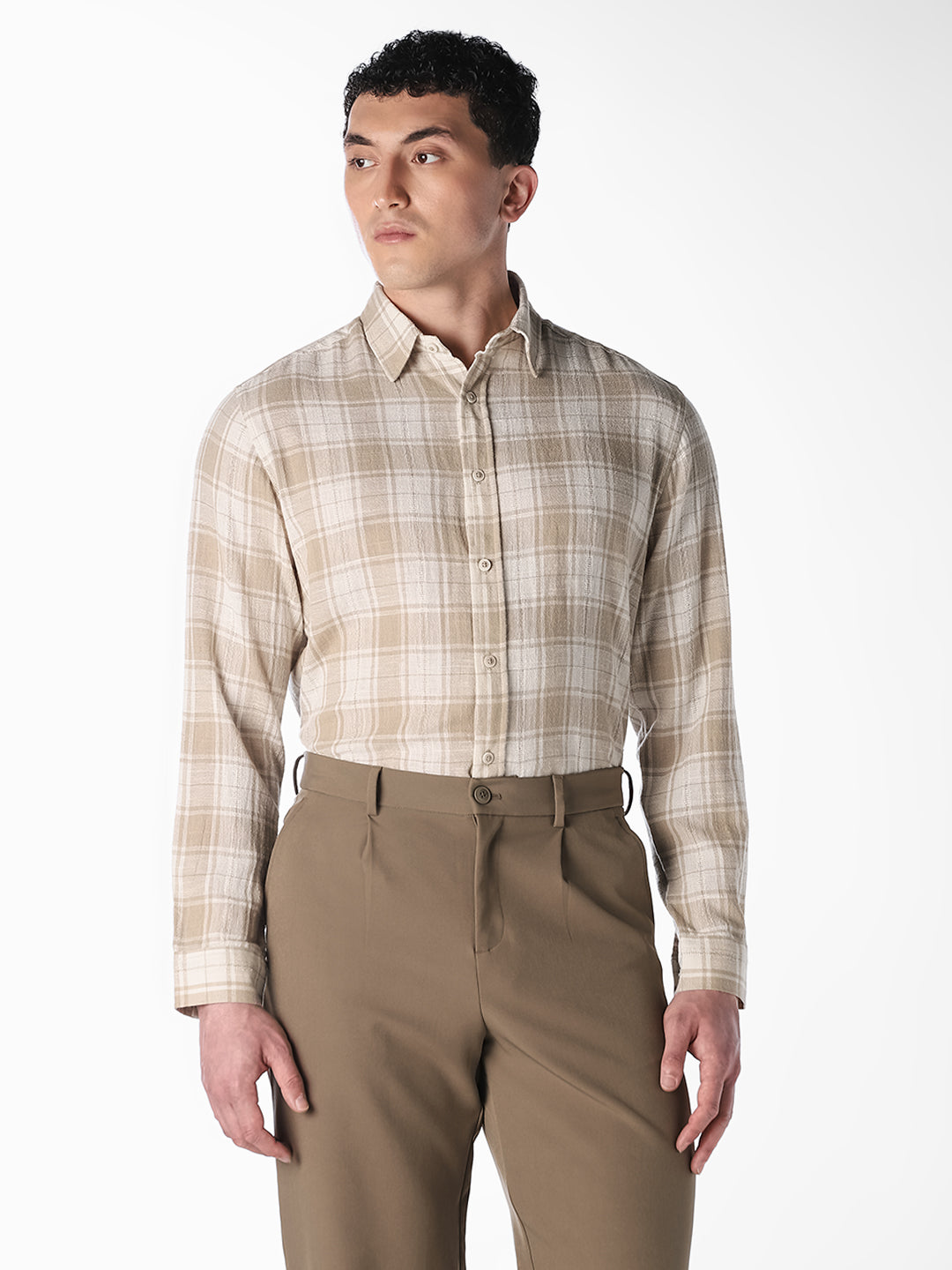 Beige Check Linen Blend Shirt