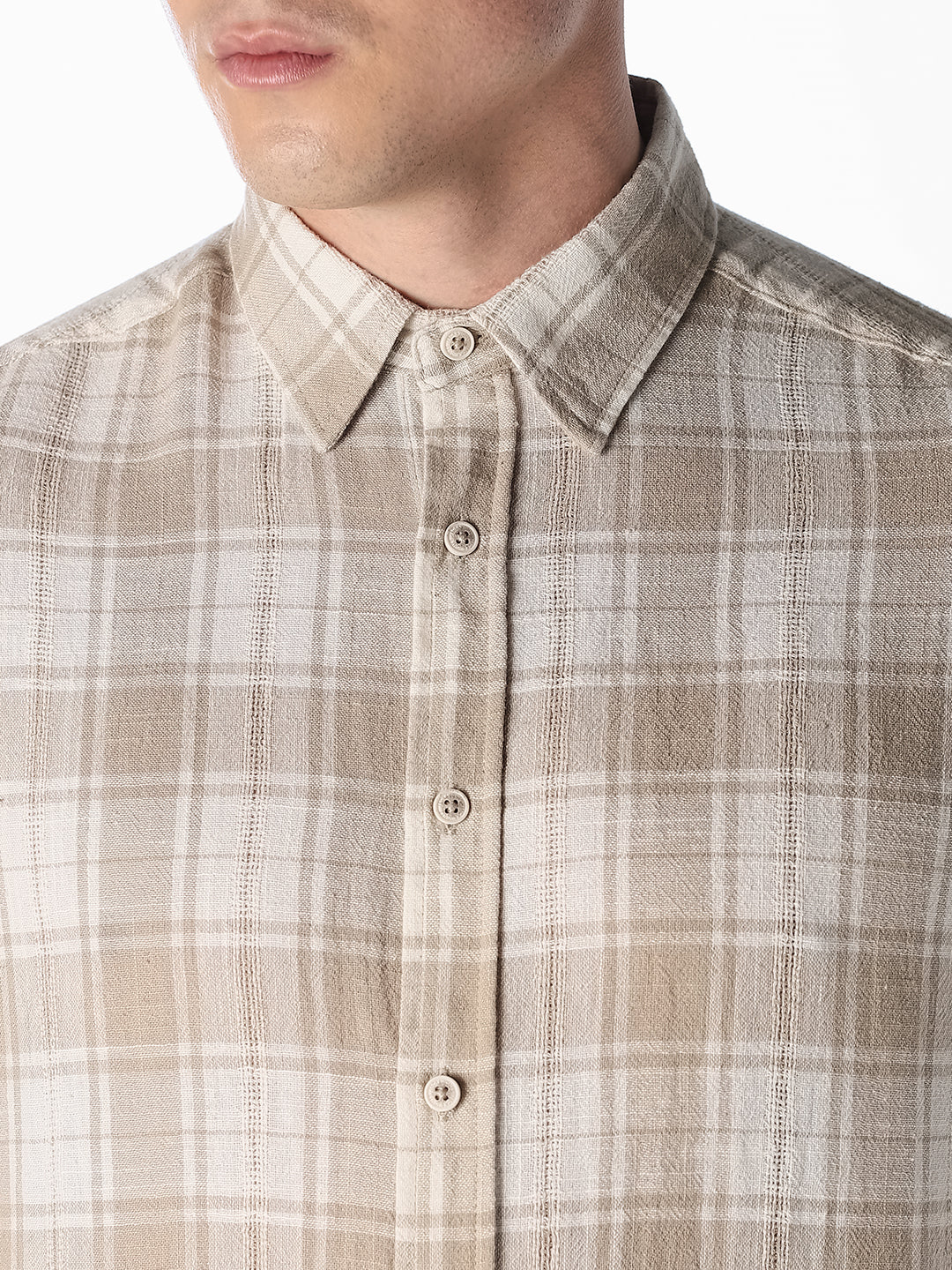 Beige Check Linen Blend Shirt