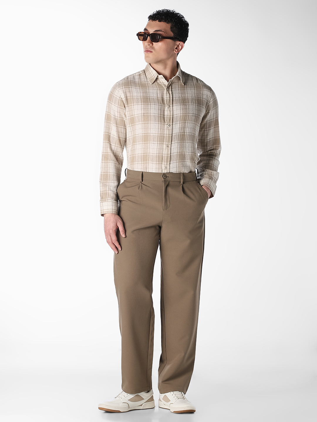 Beige Check Linen Blend Shirt