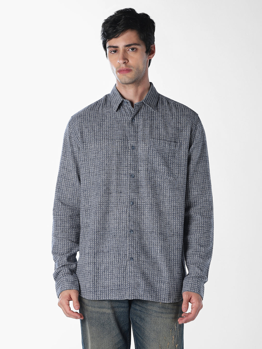 Blue Printed Dobby Shirt