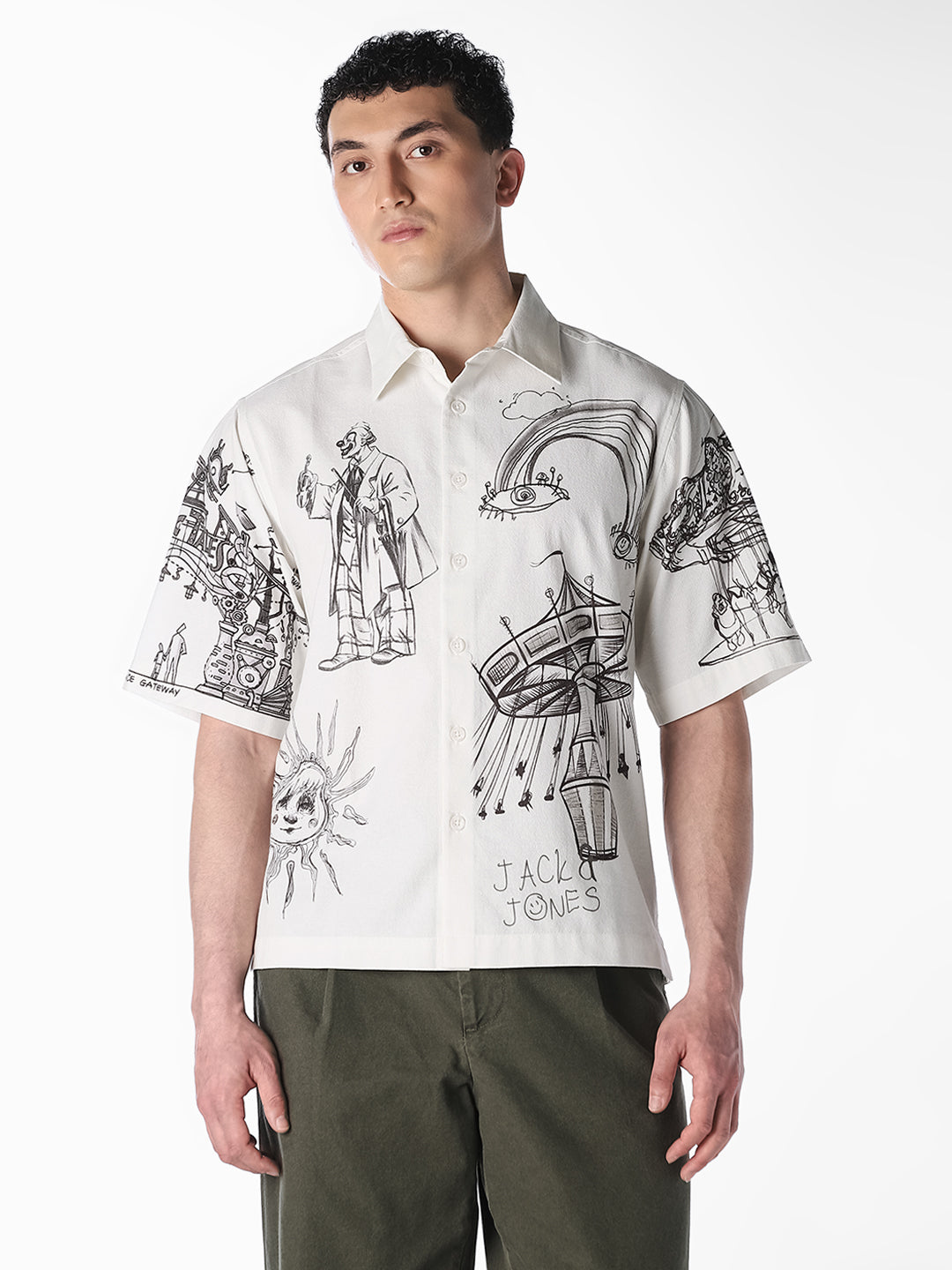 White Sketch Print Oversized Shirt