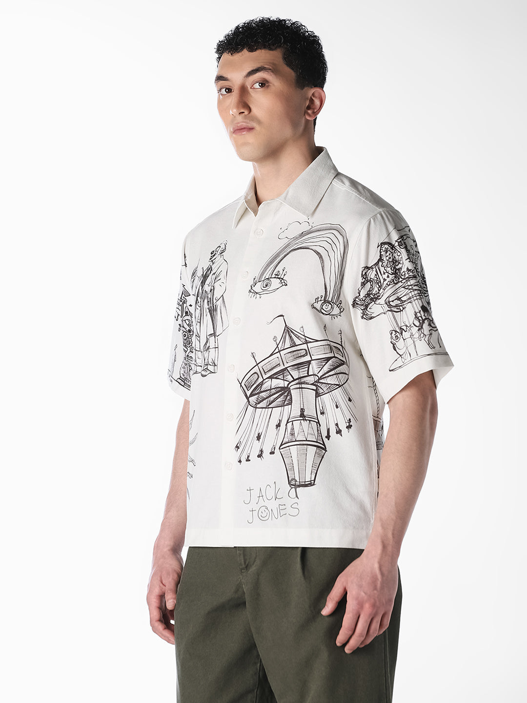 White Sketch Print Oversized Shirt