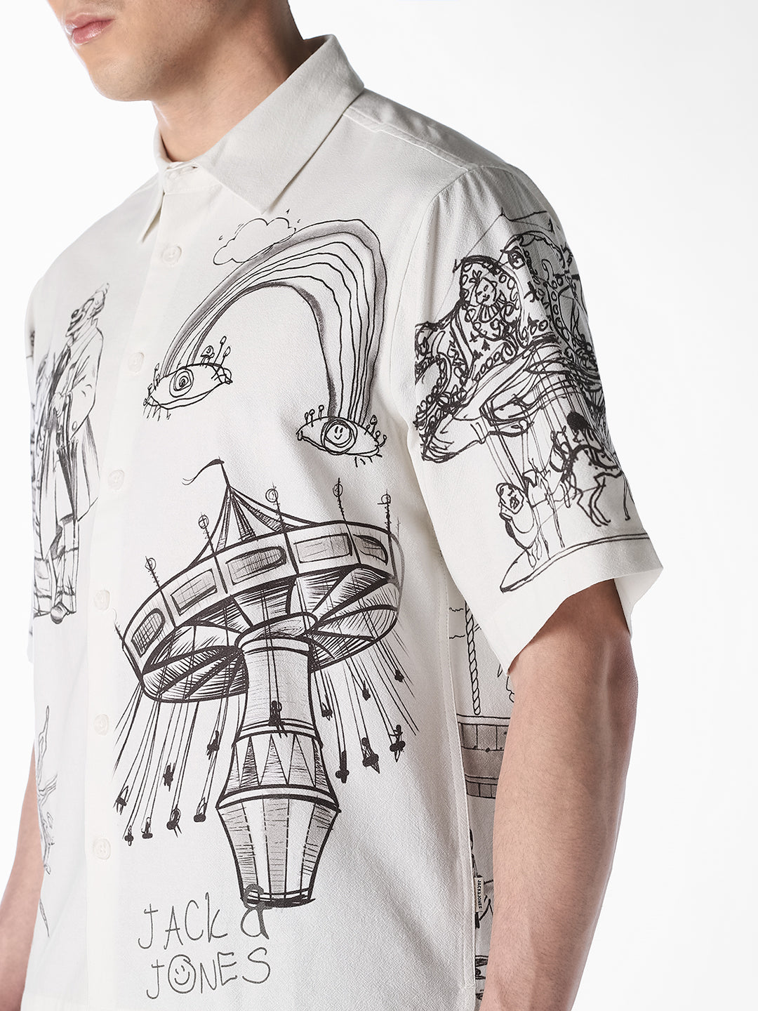 White Sketch Print Oversized Shirt