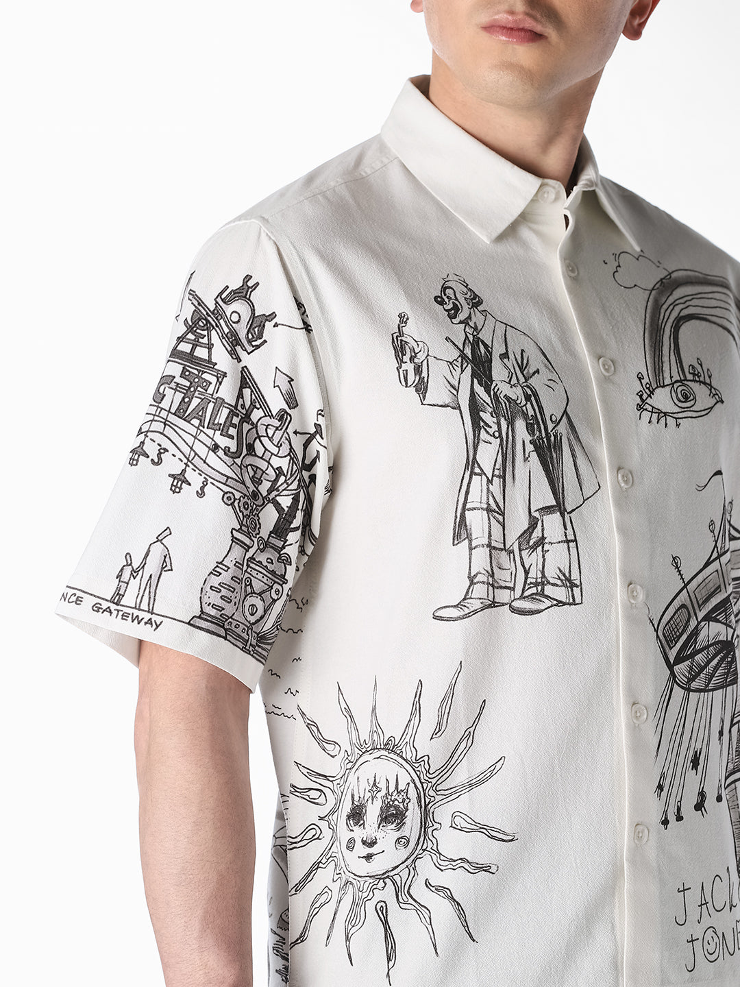 White Sketch Print Oversized Shirt