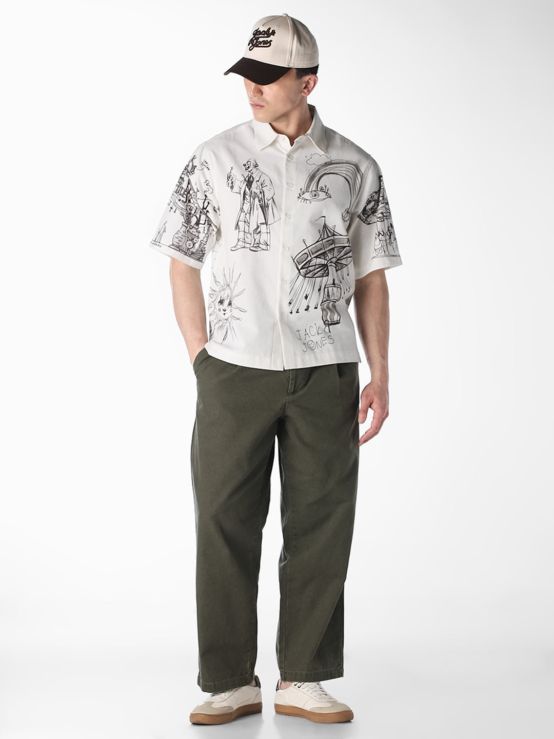 White Sketch Print Oversized Shirt