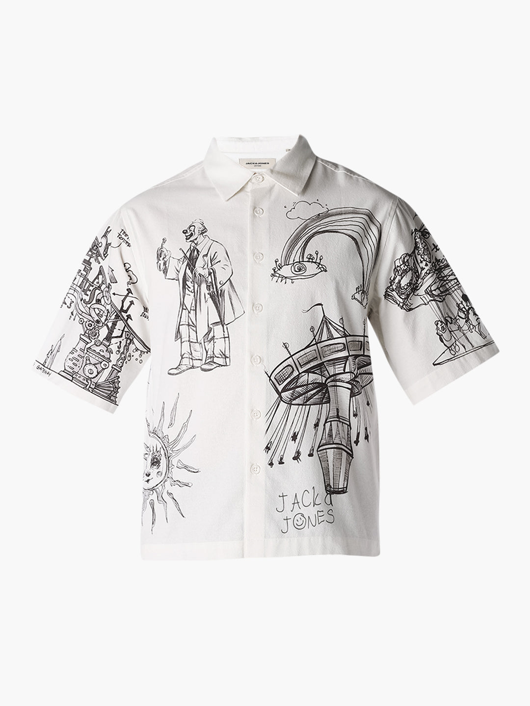 White Sketch Print Oversized Shirt