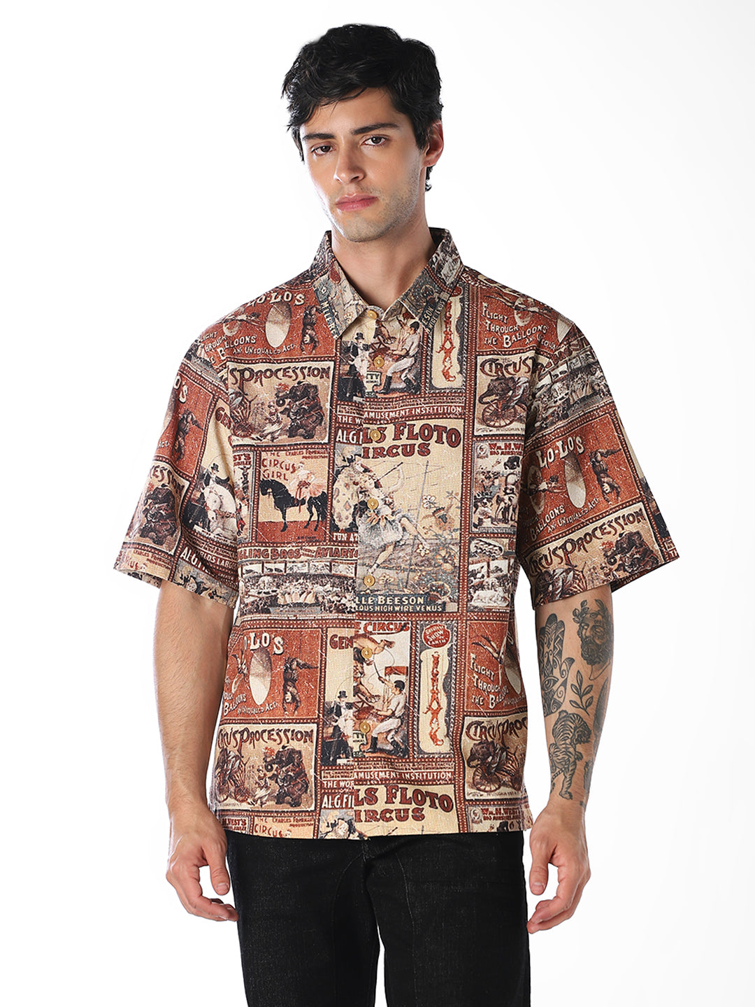 Brown Printed Oversized Shirt