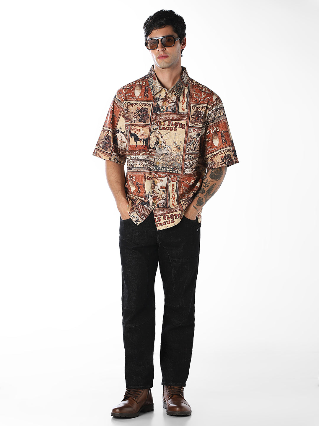 Brown Printed Oversized Shirt