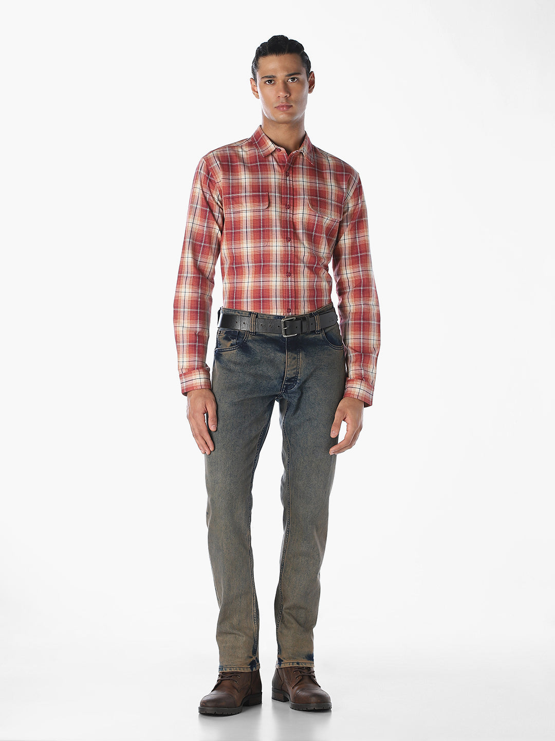 Patch Pockets Cotton Check Shirt - Red