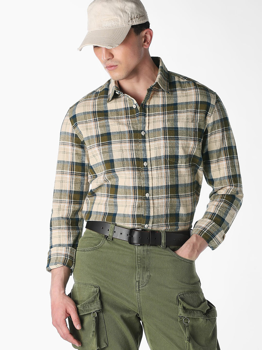 Beige Check Print Shirt